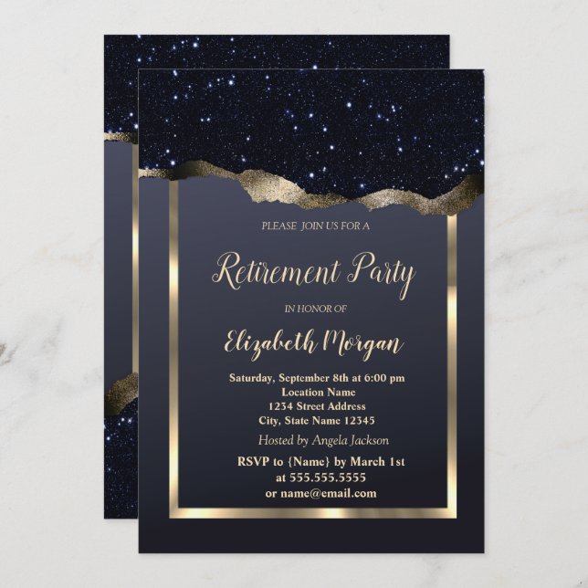  Gold Frame,Black Glitter Retirement  Invitation (Front/Back)