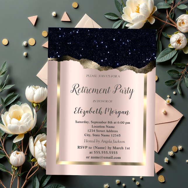  Gold Frame,Black Glitter Rose Gold Retirement Invitation (Creator Uploaded)