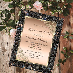  Gold Frame Black Glitter Sparkle Retirement Invitation