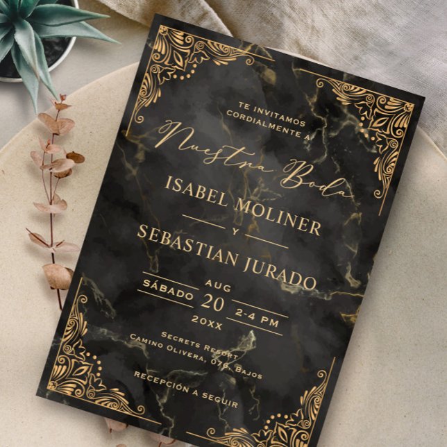 Gold Frame Black Marble Nuestra boda Spanish Invitation (Creator Uploaded)