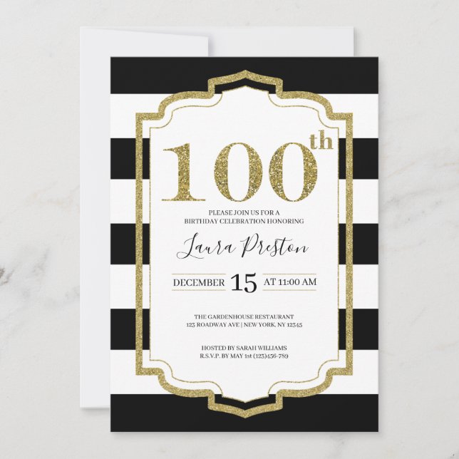 Gold Frame Black Stripes Glitter 100th Birthday Invitation (Front)