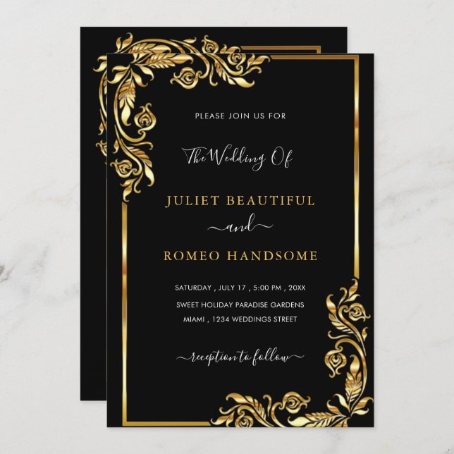 Gold Frame Black Wedding Invitation - Your Colours (Front/Back)