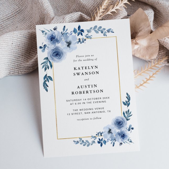 gold frame blue floral wedding invitation (Creator Uploaded)