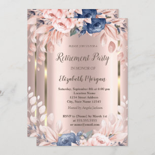Gold Frame,Blue Flowers Rose Gold Retirement  Invitation