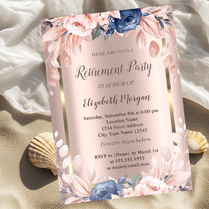 Gold Frame,Blue Flowers Rose Gold Retirement  Invitation