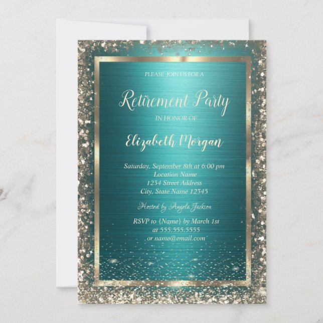 Gold Frame Border Green Metallic Retirement Invitation (Front)