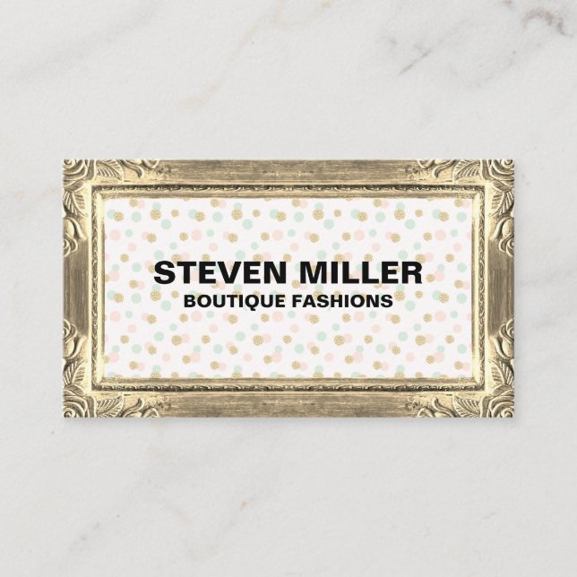 Gold Frame Borders | Glitter Chic Polka Dots Business Card (Front)
