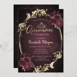 Gold Frame Burgundy Roses Dark Quinceañera  Invitation