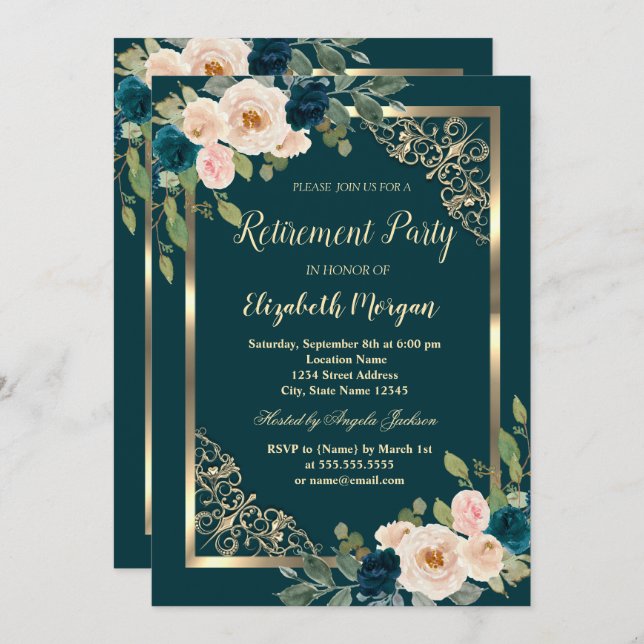 Gold Frame Burgundy Roses Green Retirement   Invitation (Front/Back)