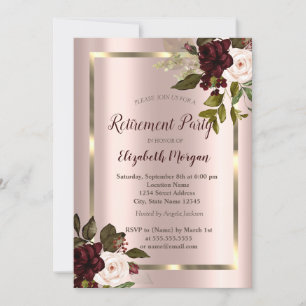 Gold Frame,Burgundy Roses,Rose Gold Retirement  Invitation