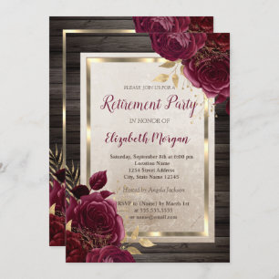 Gold Frame,Burgundy Roses Wood Retirement   Invitation