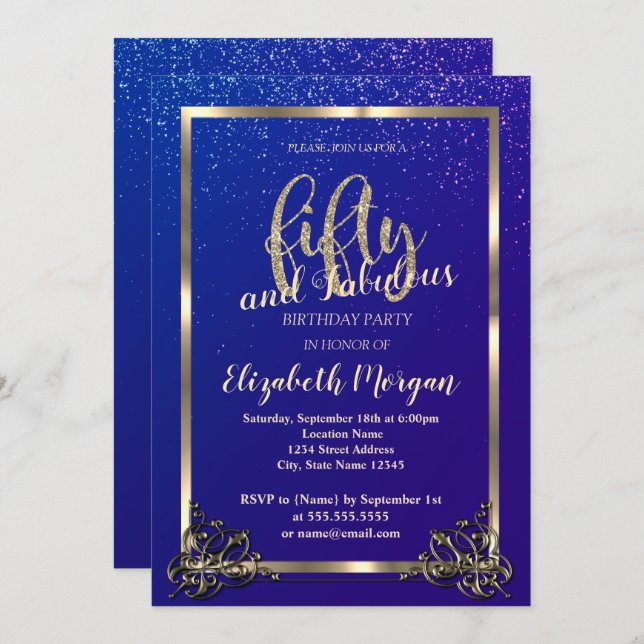 Gold Frame Confetti Blue 50th Birthday Party Invitation (Front/Back)