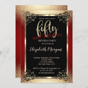 Gold Frame,Confetti Red 50th Birthday Party Invitation
