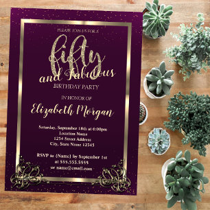 Gold Frame Confetti Violet 50th Birthday Party Invitation