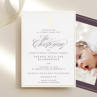 Gold Frame Cross Christening Photo Invitation