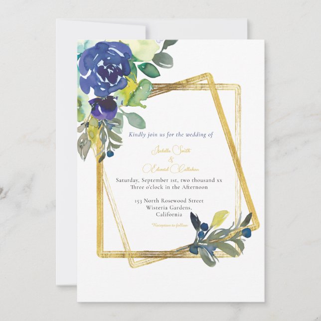 Gold Frame Dark Blue & Yellow Floral White Invitat Invitation (Front)