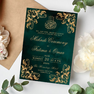 Gold Frame Dark Green Islamic Mehndi Ceremony Invitation