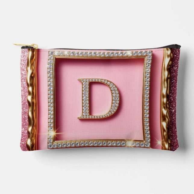 Gold Frame Diamond Initial D Pink Glitter Monogram Accessory Pouch (Front)