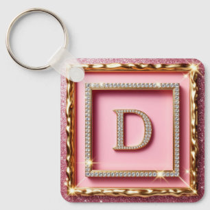 Gold Frame Diamond Initial D Pink Glitter Monogram Key Ring