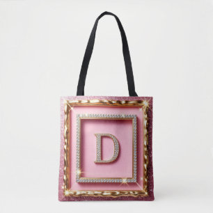Gold Frame Diamond Initial D Pink Glitter Monogram Tote Bag