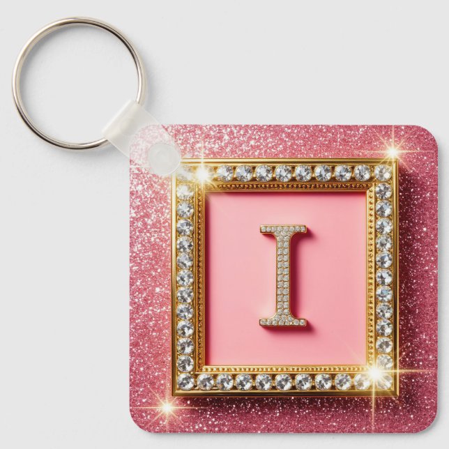 Gold Frame Diamond Initial I Pink Glitter Monogram Key Ring (Front)
