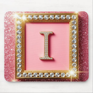 Gold Frame Diamond Initial I Pink Glitter Monogram Mouse Pad