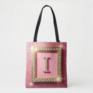 Gold Frame Diamond Initial I Pink Glitter Monogram Tote Bag