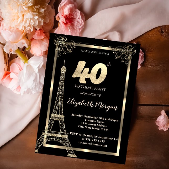 Gold Frame,Eiffel Tower 40th Birthday Party Invitation (Creator Uploaded)
