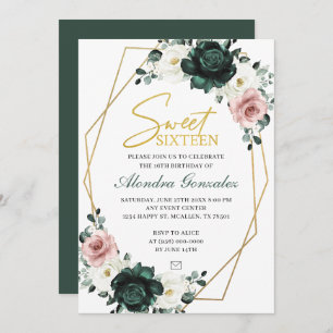 Gold frame emerald green floral Sweet 16 invite