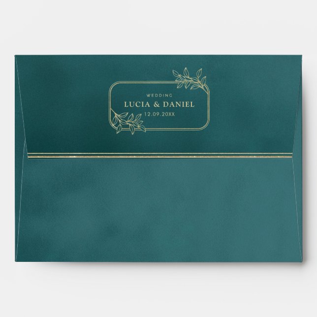 Gold Frame & Emerald Velvet Texture Wedding Envelope (Back (Top Flap))