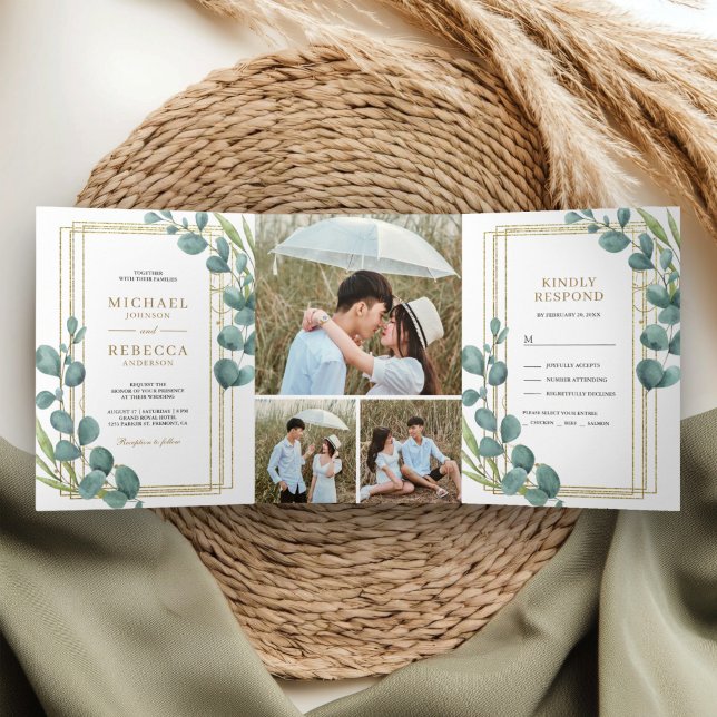 Gold Frame Eucalyptus Leaves Photo Collage Wedding Tri-Fold Invitation (Creator Uploaded)