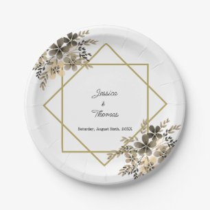 Gold Frame Fall Colours Floral Wedding Reception Paper Plate