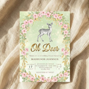 gold frame flower deer baby shower invitation