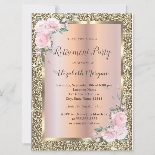 Gold Frame,Flowers,Glitter Retirement Invitation (Front)