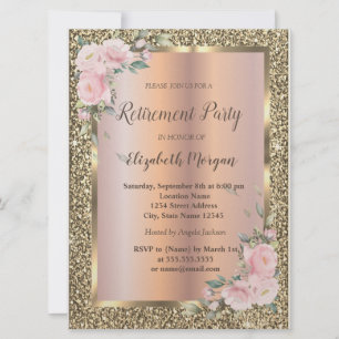 Gold Frame,Flowers,Glitter Retirement Invitation