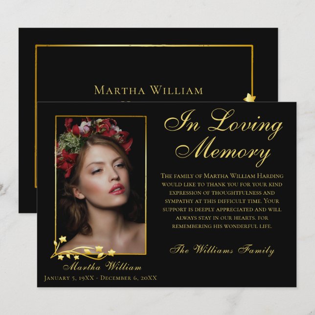 Gold Frame Funeral Photo Elegant Script Thank You  Card (Front/Back)