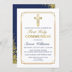 Gold Frame Glitter Navy Blue First Holy Communion Invitation