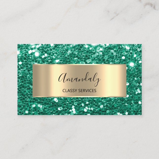 Gold Frame Glitter QR Code Logo Emerald Green Busi Business Card (Front)