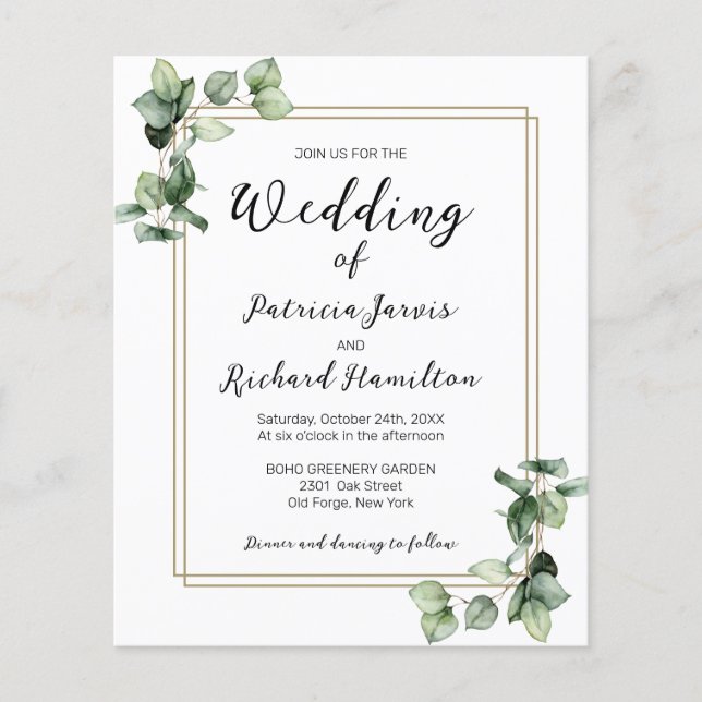 Gold Frame Greenery Budget Wedding Invitation (Front)