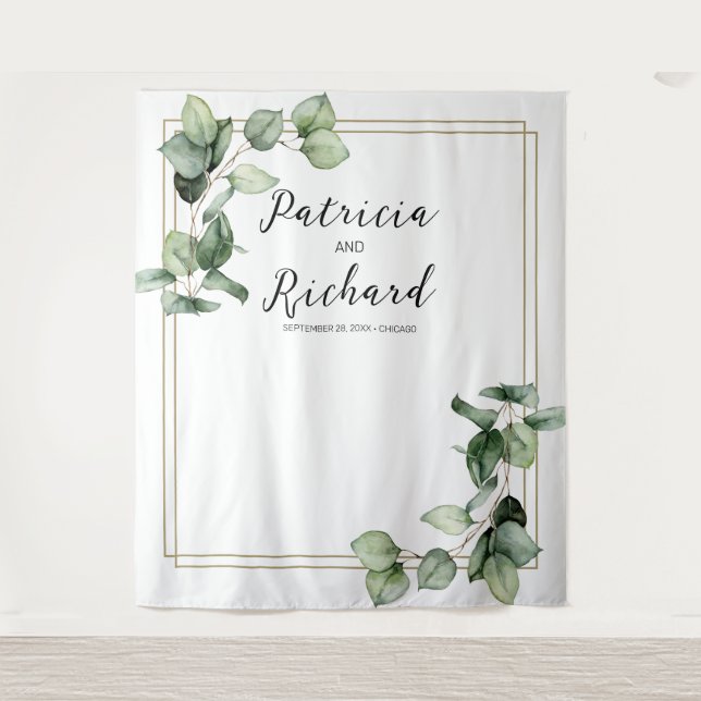 Gold Frame Greenery Eucalyptus Wedding Backdrop Tapestry (Front)