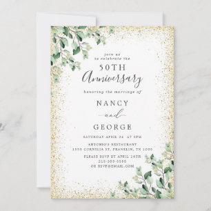 Gold Frame Greenery Leaf 50th Wedding Anniversary Invitation