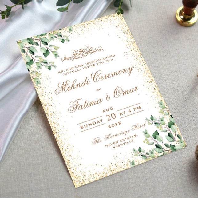 Gold Frame Greenery Leaves Islamic Mehndi Ceremony Invitation (Creator Uploaded)