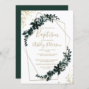 Gold frame greenery modern chic typography baptism invitation