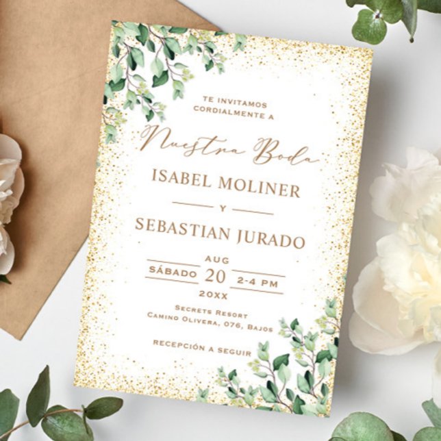 Gold Frame Greenery Nuestra Boda Spanish Wedding Invitation (Creator Uploaded)