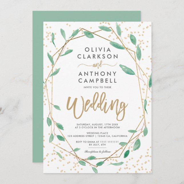 Gold frame greenery watercolor script wedding invitation (Front/Back)