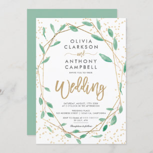 Gold frame greenery watercolor script wedding invitation