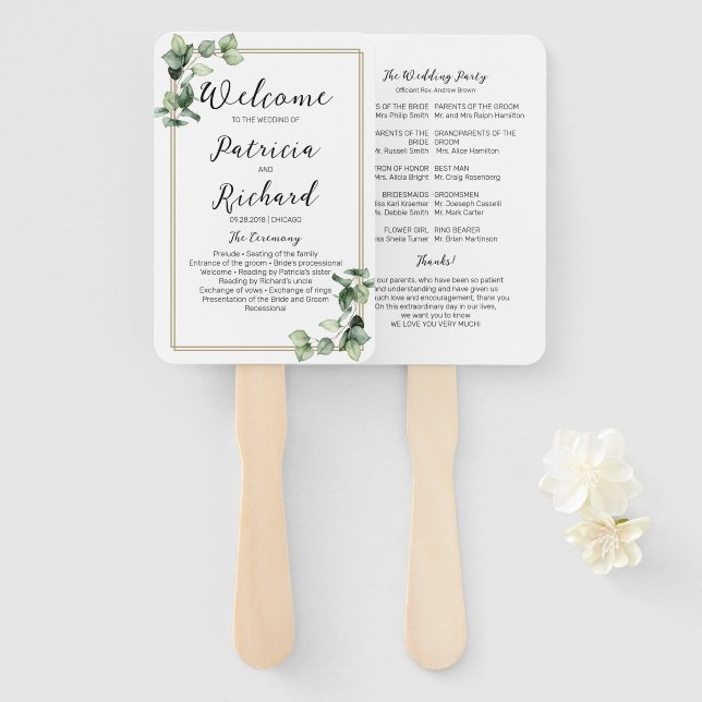 Gold Frame Greenery Wedding Ceremony Program Hand Fan (Front and Back)