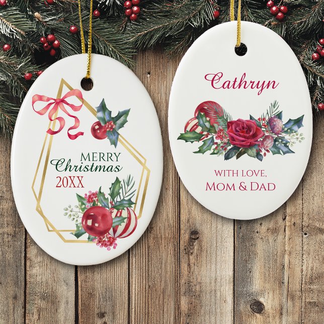 Gold Frame Holiday Bouquet Red Ribbon Personalised Ceramic Ornament (Creator Uploaded)