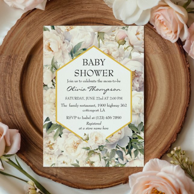 Gold Frame Ivory Peony Garden Baby Shower Invitation (Creator Uploaded)