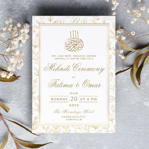 Gold Frame Leaves Pattern Islamic Mehndi Ceremony Invitation